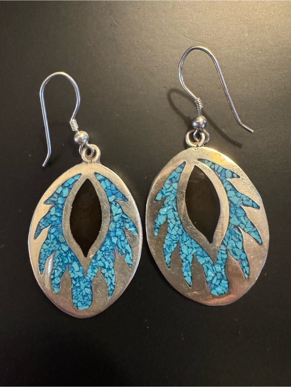 Mexico Sterling Silver Crushed Turquoise Inlay Statement Dangle Earrings
